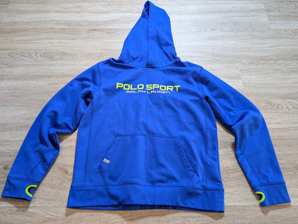 Polo Sport Ralph Lauren Mens Large Blue Performance Hooded Spell Out Sweatshirt